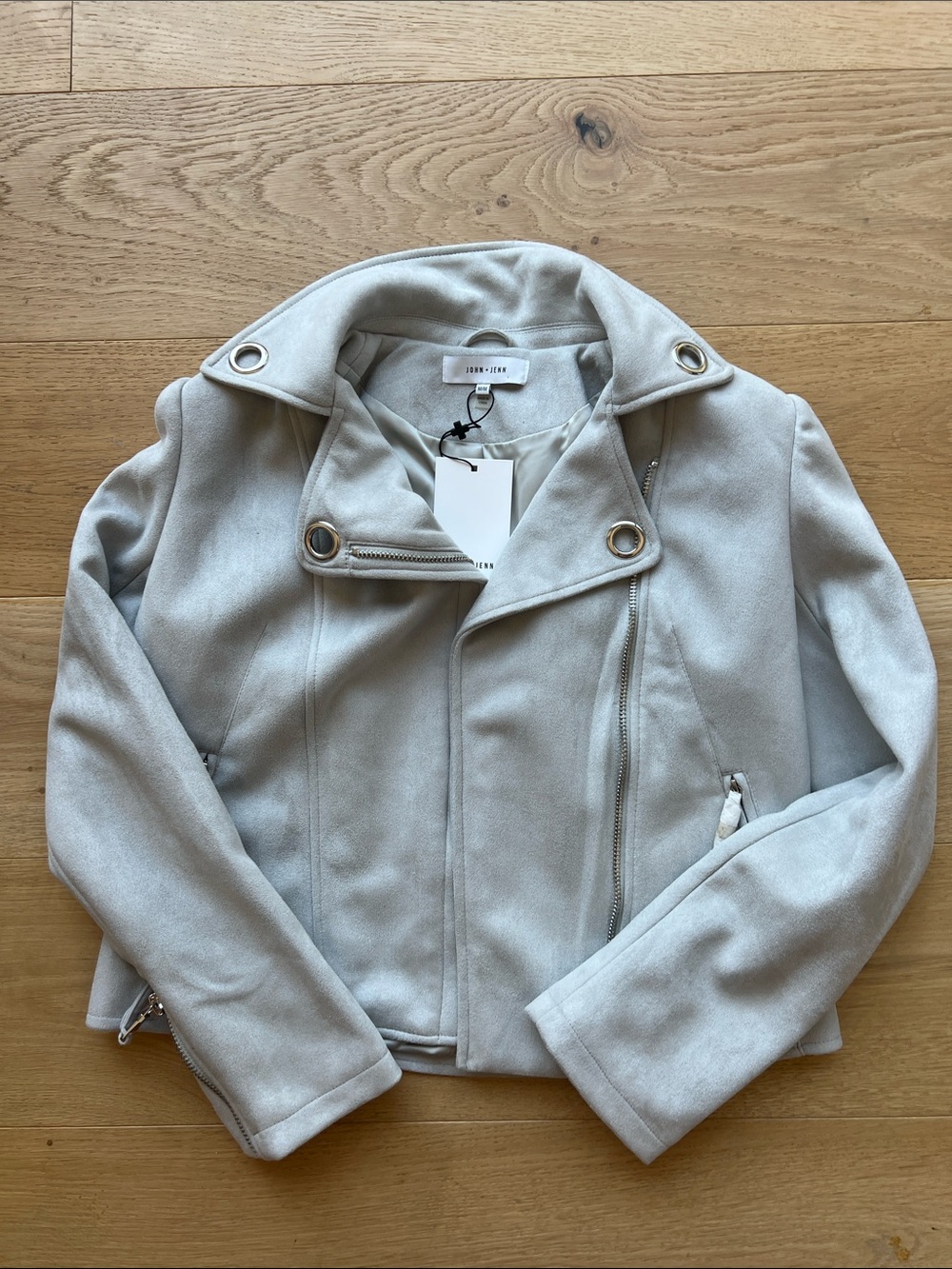 Light Gray Suede-Effect Moto Jacket with Grommet Detail